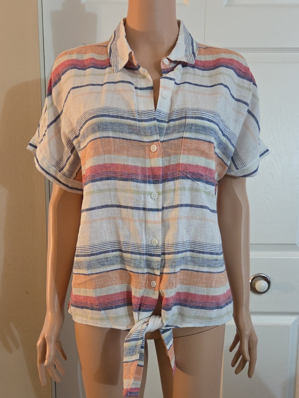 beachlunchlounge Striped Tie-Front Button-Down Top - White, Blue, Pink, Orange
